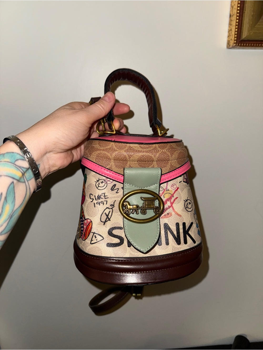 Coach bag. Small Multicolor Graffiti-Print Bucket Bag